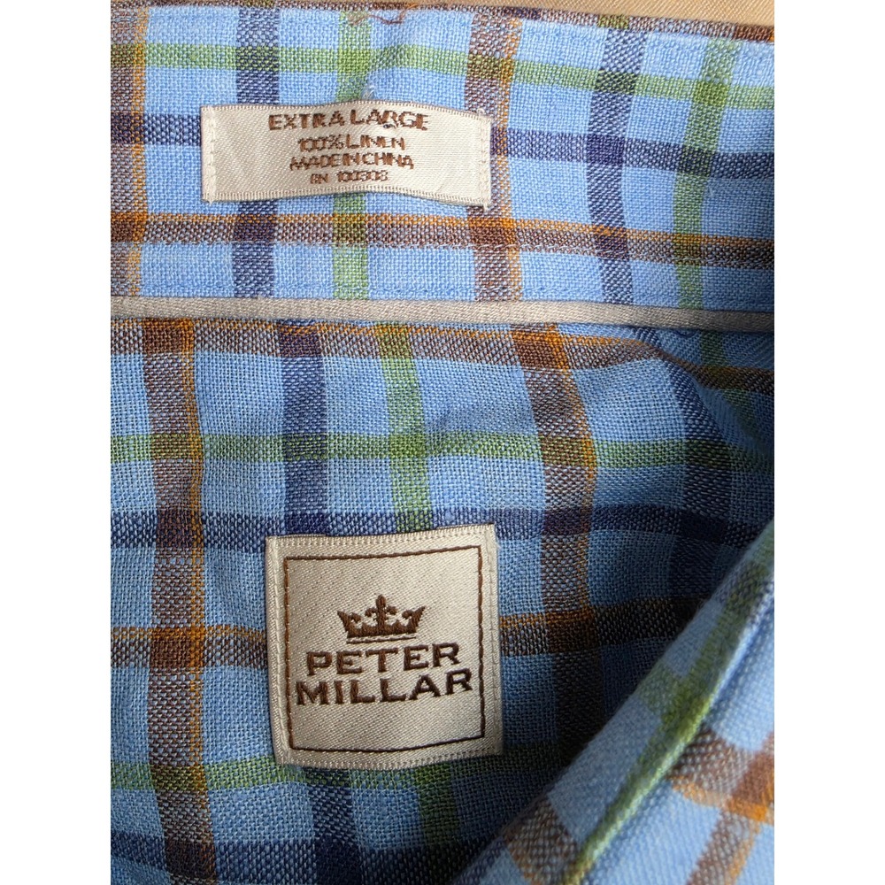 Peter Millar Mens XL Blue Plaid 100% Linen Long Sleeve Button Down Shirt - Picture 7 of 8